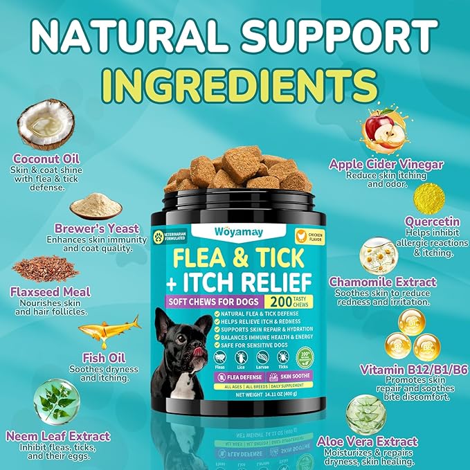 Flea & Tick + Itch Relief for Dogs Chewables, Flea and Tick Prevention for Dogs, Dog Allergy Chews, Dog Itching Skin Relief & Skin Repair, Flea Treatment Dogs, 200 Soft Chews, Chicken Flavor