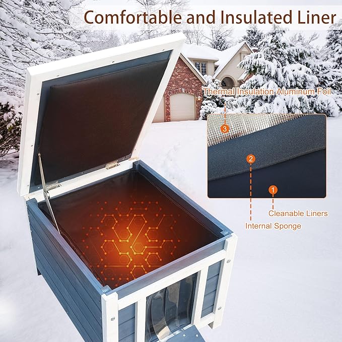 Rockever Outdoor Cat House, Insulated Outdoor Cat House with Warm Liner for Winter, Weatherproof Rabbit Hutch Bunny Cage, Wooden Outside Shelter for Feral Cats, Rabbits