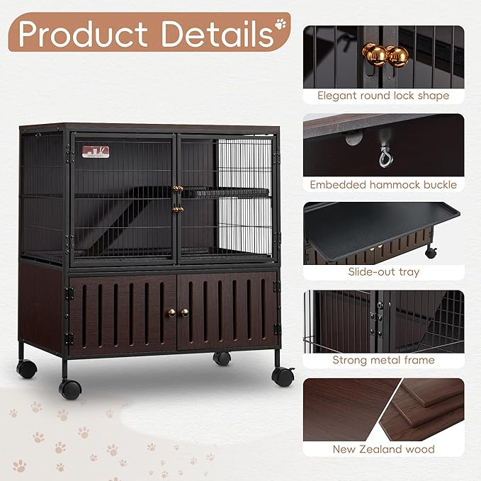 HABUTWAY 36.5''H Metal Large Ferret Cage, Rolling Chinchilla Cage with Removable Ramps& Double Door, Critter Nation with Locker, Small Animal Cage, Rat Indoor Wooden Pet Crate Furniture