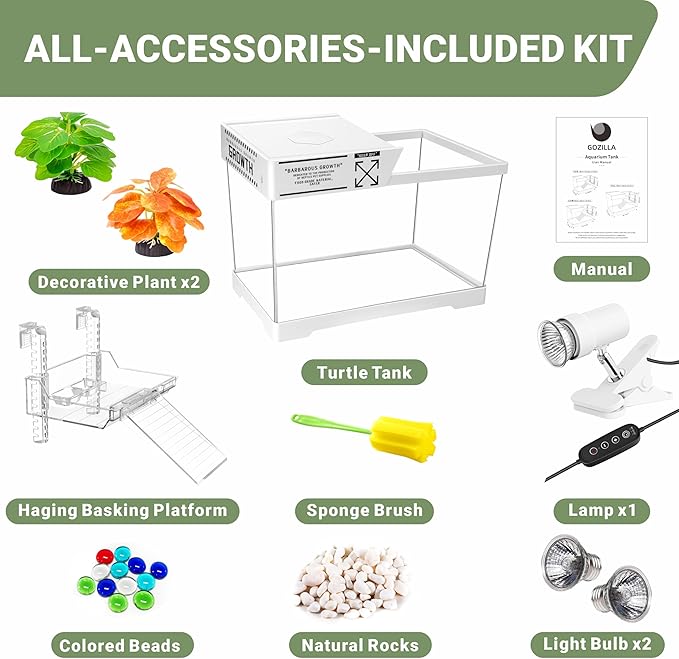 GOZILLA Mini Aquatic Turtle Tank Kit with Adjustable Lamp,PC Turtle Tank Starter Kit,Small Hermit Crab Tanks with Lid, Hanging Platform for Baby Turtles,Crabs,Fish.(11.8×7.24×7.1''/White Kit)