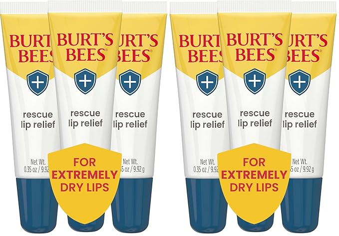 Burt's Bees Rescue Lip Relief for Valentine's Day, Original, Hydrating Lip Balm for dry lips with Responsbily Sourced Beeswax & Shea Butter, 100% Natural Origin, 3 Squeezy Tubes, 0.35oz, (Pack of 2)