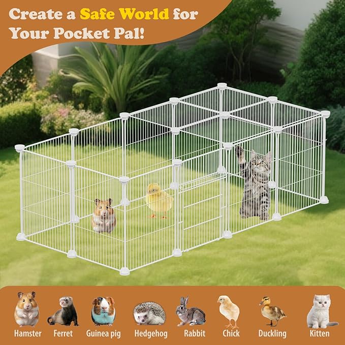 18 Panels Small Animal Playpen, Small Animal Cage with 2 Doors, Pet Playpen Indoor for Rabbits, Guinea Pigs, Hamsters, Chicken, Hedgehogs, Indoor Outdoor Pet Cage C&C Cage White