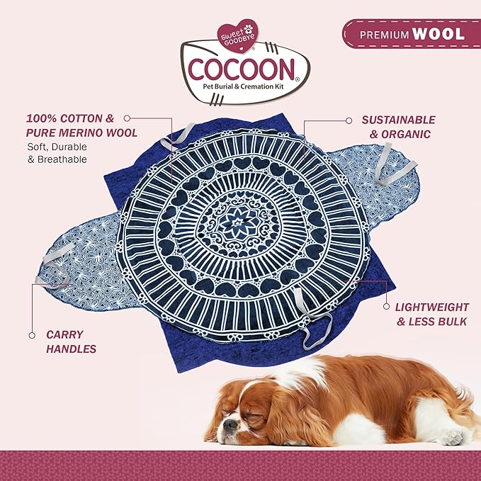 Cocoon® - Eco-Friendly Pet Burial & Cremation Ceremony Kit (Premium Wool) - Casket for Dogs and Cats (Choose Size & Color) (Small, Indigo)