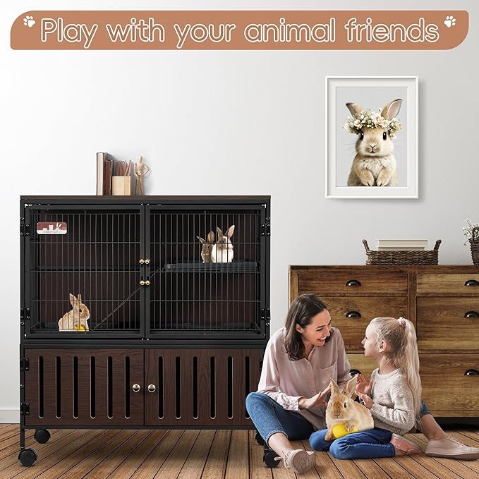 HABUTWAY 36.5''H Metal Large Ferret Cage, Rolling Chinchilla Cage with Removable Ramps& Double Door, Critter Nation with Locker, Small Animal Cage, Rat Indoor Wooden Pet Crate Furniture