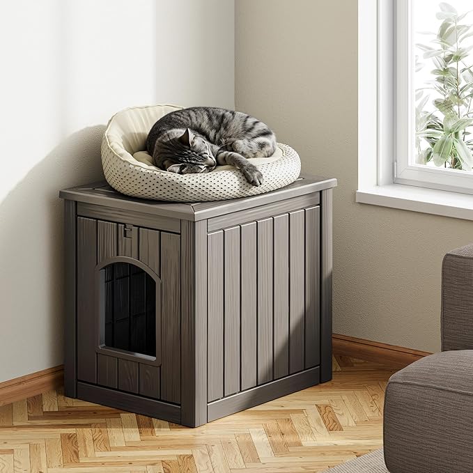 KAMABOKO Outdoor Cat House Weatherproof Plastic Cat Shelter for Indoor & Outdoor, Durable All-Season Pet House, V-Gray
