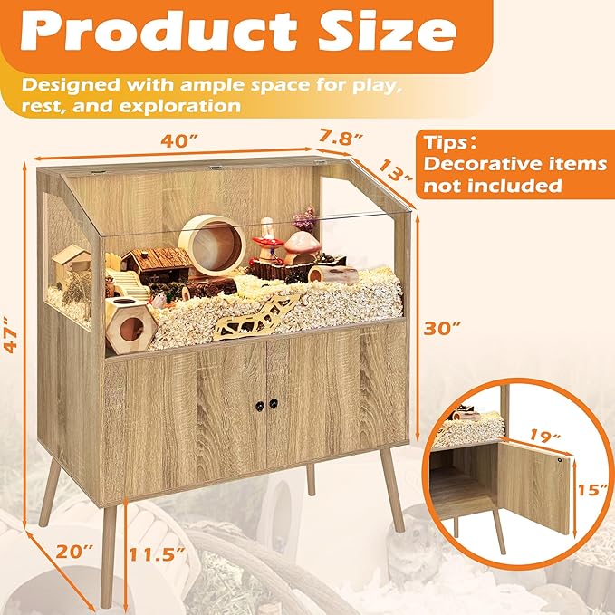 PROLEE Hamster Cage with Storage Cabinet,Large Hamster Encloure Chew Proof Wood,Clear View Hamster Habitat for Guinea Pig, Ferret, Rat, Hedgehog, 40" L x 20" W x 47" H (White Oak)