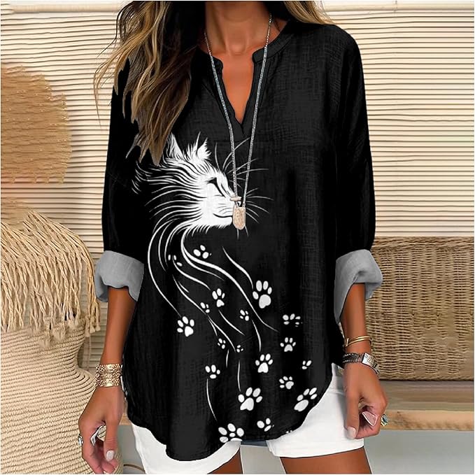 MARSVOVO Cat Shirts for Women Long Sleeve Cute Cat Pullover Graphic Novelty V Neck Blouse Oversized Funny Tunic Tops