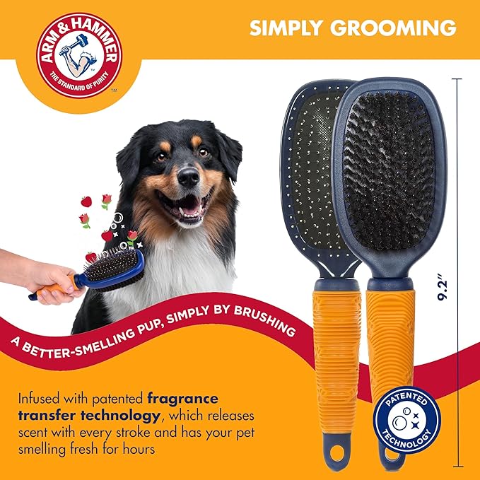Arm & Hammer Deodorizing Pin & Bristle Dog Grooming Brush with Fragrance Transfer Technology – Scented 2-in-1 Dog Brush for Detangling & Shedding, Pet Brushes for Dogs, Sweet Apple & Rose Scent
