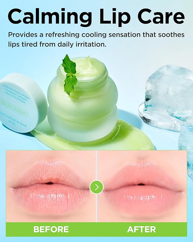 TOCOBO Mint Cooling Lip Mask – Cooling Relief Lip Sleeping Mask for Dry, Irritated Lips – Apple Mint + Tea Tree-Derived 4-Terpineol & Olive Oil – Soft Melting Texture, Fresh Herb Scent, 0.68 oz.