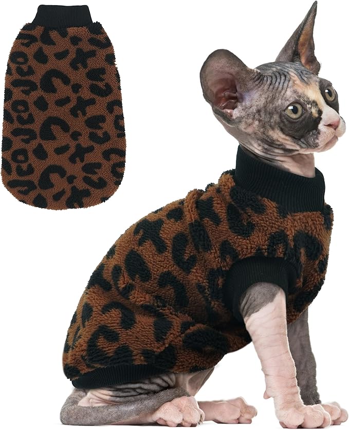PUMYPOREITY Winter Warm Cat Sweater - Super Soft & Elastic Knit with Plush Fleece, Easy-On Design with Ribbed Neck & Cuffs, Stretchy Cat Outfit for Indoor/Outdoor Use,Brown, L