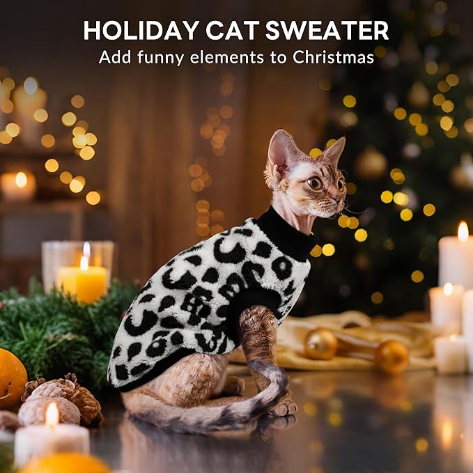 PUMYPOREITY Winter Warm Cat Sweater - Super Soft & Elastic Knit with Plush Fleece, Easy-On Design with Ribbed Neck & Cuffs, Stretchy Cat Outfit for Indoor/Outdoor Use,Black Leopard, S