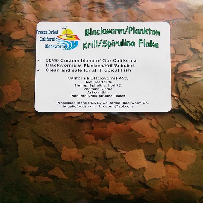 Aquatic Foods Inc. Flakes - 45% California Blackworm & Plankton/Krill/Spirulina Flake Mix for Discus, Cichlids, Tetras, Guppies, Live Bearers, Pond Fish, All Tropical Fish Premium AF Flakes - 1-lbs