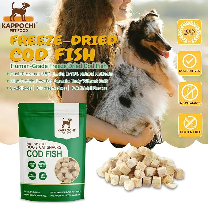 Freeze-Dried Cod Fish Cat Dog Treats, 1.76oz(50.0g), 100% Single Ingredient High Protein Training Treats, Rich in Omega, Natural & Raw, No Additives, Grain Free, Gluten Free