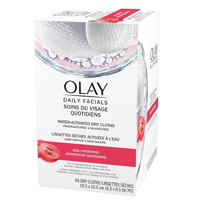 Olay Makeup Remover Wipes, Daily Facials Hydrating Face Cleanser for Normal to Dry Skin, Alcohol & Fragrance Free, Soft Face Wash Towels, Travel Essentials for Women, Convenient Dry Cloths, 66 ct