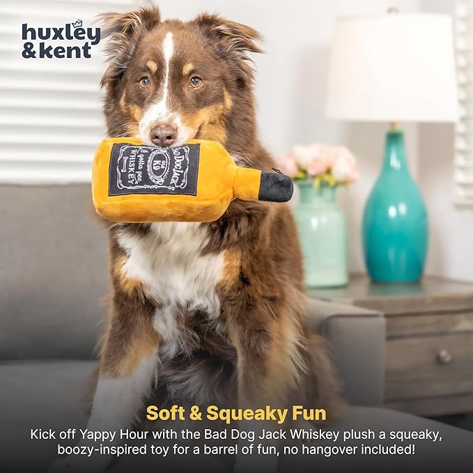 Huxley & Kent Funny Dog Toys w/Squeaker & Crinkle -Stimulating & Interactive Chew Toy for Dogs - Mesh Lined Stuffed Toy - Easy to Clean for All Breeds (Bad Dog Jack's Whiskey,Small)
