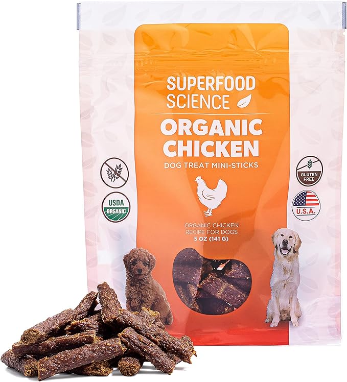 Organic Chicken Dog Treats, Low-Calorie Training Treats, Grain-Free, Semi-Soft Natural Jerky with Sweet Potato, Turmeric & Flaxseed, Healthy Dog Snacks for Puppies & Small, Medium & Large Dogs, 5 oz