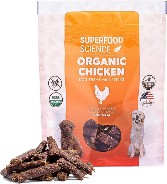 Organic Chicken Dog Treats, Low-Calorie Training Treats, Grain-Free, Semi-Soft Natural Jerky with Sweet Potato, Turmeric & Flaxseed, Healthy Dog Snacks for Puppies & Small, Medium & Large Dogs, 5 oz