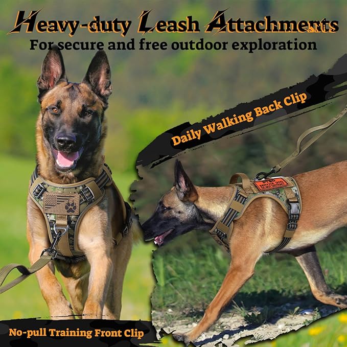 rabbitgoo Dog Harness for Large Dogs No Pull, Tactical Service Pet Vest with Molle and Control Handle, Adjustable and Reflective Military Harness for Easy Walking and Training, Brown camo, L
