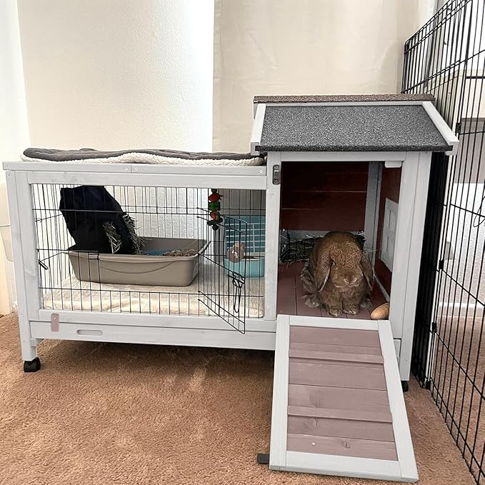 GUTINNEEN Large Mobile Rabbit Hutch Indoor Outdoor with Wheels, Deep Leak-Proof Pull-Out Tray & Wire Mesh, Waterproof Asphalt Roof Small Animal Cage with Openable Roof for Rabbits & Guinea Pigs