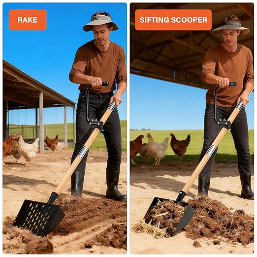 Chicken Poop Scooper for Sand, Extra Large Chicken Coop Scoop with 47" Handle & Assist Tool, 1.6mm Thick Heavy Duty Chicken Scooper for Poop, 2-in-1 Sifting Rake for Effortless Cleaning