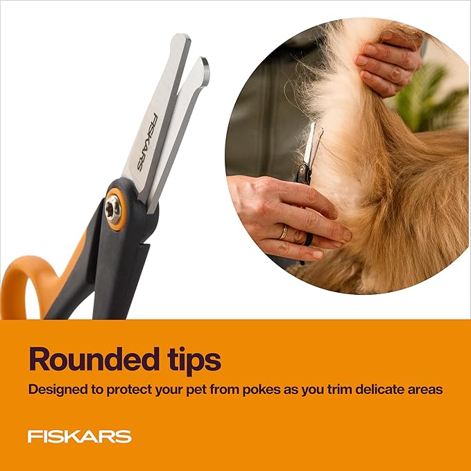 Fiskars Pet Scissors, Dog & Cat Grooming Scissors, Rounded Tips & SoftGrip Handle for Delicate Areas, Cat and Dog Supplies, 5.5”, Orange/Black, Detailing Scissors