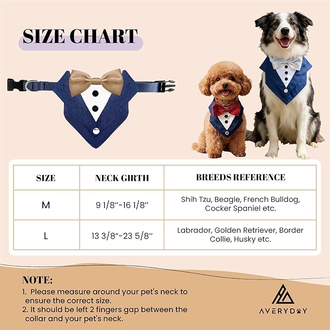 AVERYDAY Dog Tuxedo Wedding Outfit Bandana Collar with Bow Tie, Dog Tux Costume Suit with Bowtie for Small Medium Large Dogs & Cats, Pet Tuxedo Formal Wear for Engagement Birthday, Holiday, Christmas