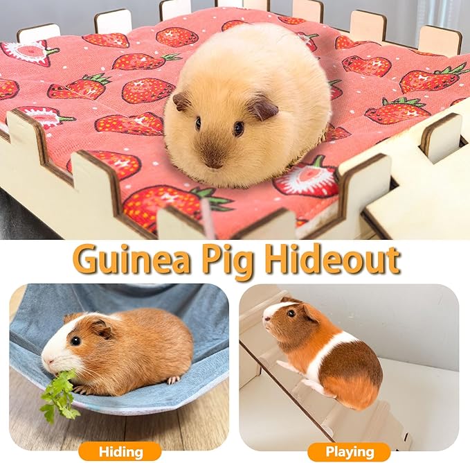 Guinea Pig Hideout with Hammock,Large Wooden Guinea Pigs House with Stairs and Mats,Detachable Guinea Pig Hide for Small Animals Hamster Chinchilla Ferret Habitats Accessories