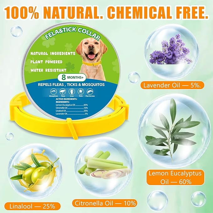 Natural Flea & Tick Prevention Dog Collars – 2-Pack Adjustable Waterproof Collars with Essential Oils (Lemon Eucalyptus, Citronella, Lavender, Linalool),Yellow, Safe for All Breeds