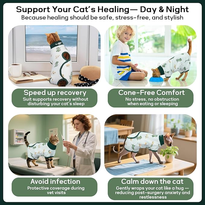 QBLEEV Cat Recovery Suit for Post Surgery, Spay Neuter Suit for Cats, Soft Stretchy Cotton Cat Onesie for Skin Diseases, Anti-Lick Surgical Shirt Pajamas for Abdominal Wound, Kitten Cone Alternative
