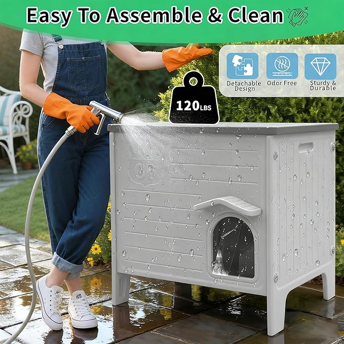 Rockever Insulated Outdoor Cat House, Waterproof Cat House for Outdoor Cats with Escape Door, Plastic Feral Cat House Outdoor Indoor, Spacious and Clean Easily (Grey,M)