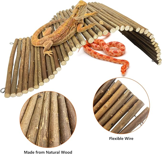 BNOSDM Large Reptile Hide Tortoise Hideout Bearded Dragon Wooden Bridge Snake Climbing Tunnel Habitat Decor for Lizards Spiders Gecko Ball Python (19.7x9 in)