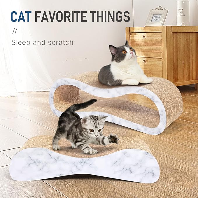 2 in 1 Cat Scratcher Cardboard Lounge Bed, Cat Scratching Post, Durable Board Pads Prevents Furniture Damage,Large,Marble White