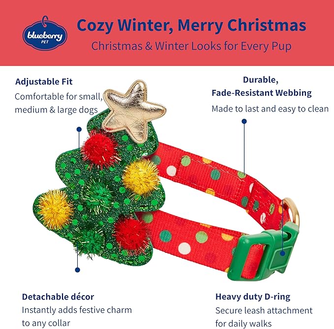 Blueberry Pet Polka Dots Christmas Dog Collar, Large, Adjustable 18"-26" Neck, Holiday Dog Collar with Bow for Large Dogs