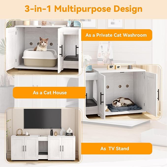 Garvee Cat Litter Box Enclosure for 2 Cats, 55" Hiddden Litter Box Enclosure Furniture 3-in-1 Wooden Litter Cabinet with Barn Door & Double Rooms for Bedroom Living Room,White