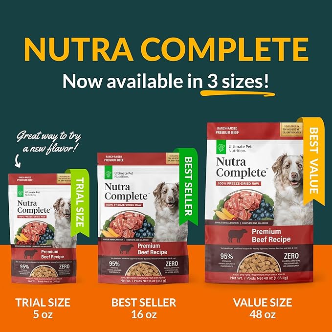 ULTIMATE PET NUTRITION Nutra Complete Freeze Dried Raw Dog Food, Veterinarian Formulated with Antioxidants, Prebiotics & Amino Acids (5 Ounce, Beef)