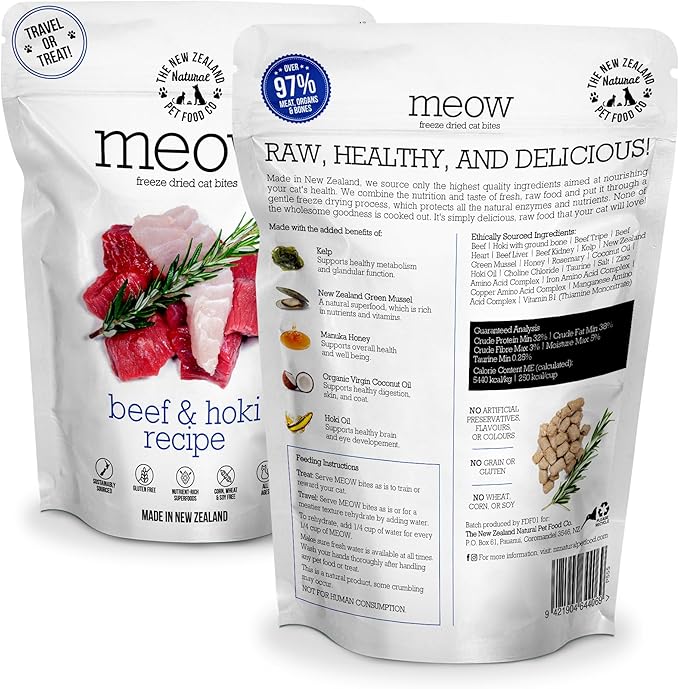 The New Zealand Natural Pet Food Co. Meow Freeze Dried Cat Food - Beef & Hoki Recipe, High Protein, Meals & Toppers, Dry Cat Food,1.76 oz