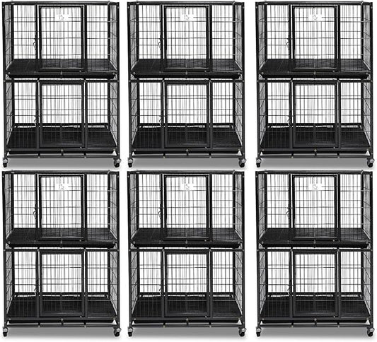Homey Pet Six Packs 31 Inch Stackable Heavy Duty Dog Crate Cage Kennel with Four Lockable Wheels, Removable Tray, Escape Proof Wire Drop Dog Crates for Small Dogs (Two Tiers)