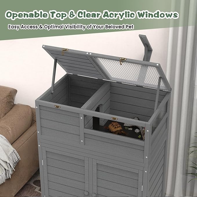 Tortoise Habitat with Storage and Wheels, Large Tortoise Enclosure with Lamp Holder, Indoor & Outdoor Tortoise House, Wooden Reptile Enclosure Small Animal Cage with for Gecko, Lizard, Snake