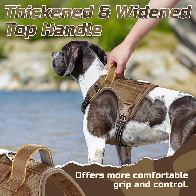 rabbitgoo Tactical Dog Harness Medium Sized Dog, No Pull Military Service Vest with Handle & Molle, Easy Control for Training Walking, Adjustable Reflective Straps, Brown, M