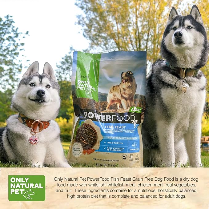 Only Natural Pet PowerFood Fish Feast Grain-Free Dry Dog Food w/Wild-Caught Whitefish, Pumpkin & Superfoods - High Protein, Low Carb Recipe for Small to Large Breeds, Adult to Senior - 20 lb Bag