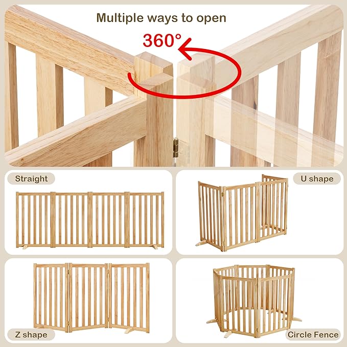 Wire Dog Gate Solid Wood Frame, 36" Height, Anti-Chewing Pet Gate Indoor Freestanding Indoor Foldable Dog Fences for Stairs, House, Doorway Extra Wide, 4-Panel, 60" Wide, Natural