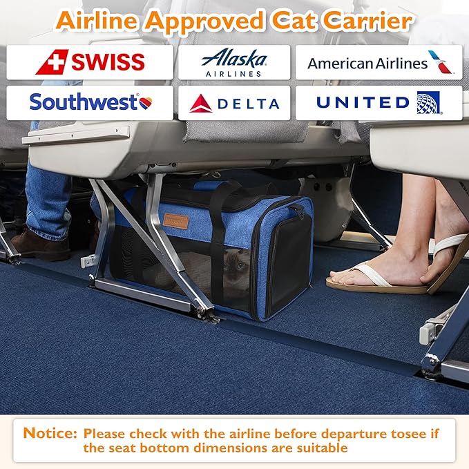 PETUX Airline Approved Cat Carrier or Small Cat up to 12 lb - 17"x11"x9.5", TSA, Underseat, Top & Side Entry Pet Carrier with Breathable Anti-Scratch Mesh & Litter Box for Travel and Vet Visit - Blue