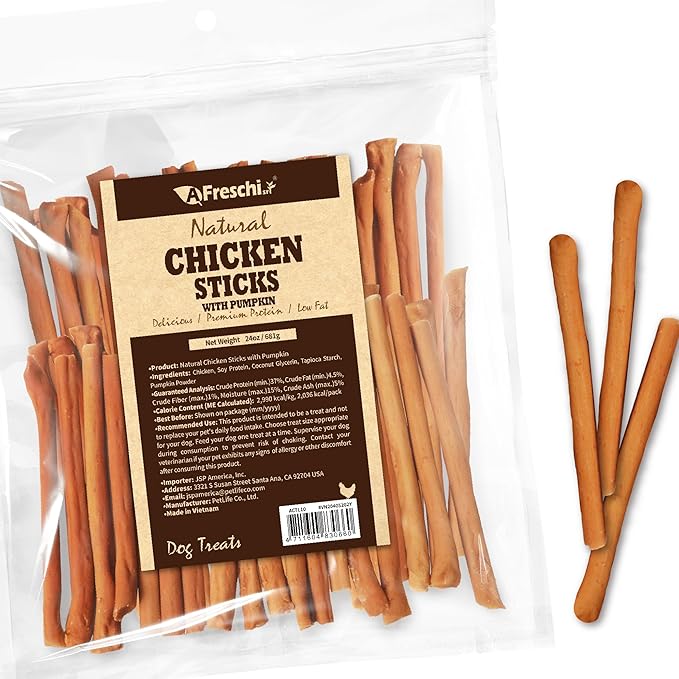 Afreschi Chicken Dog Treats, All Natural, Healthy & Easily Digestible, Grain-Free Puppy Chews, Low-Fat, Human Grade Training & Rewards Dog Snacks, Chicken Sticks with Pumpkin, 24 oz Pack