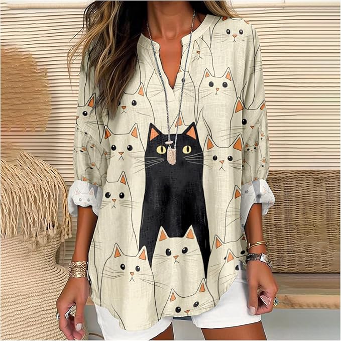 MARSVOVO Cat Shirts for Women Long Sleeve Cute Cat Pullover Graphic Novelty V Neck Blouse Oversized Funny Tunic Tops