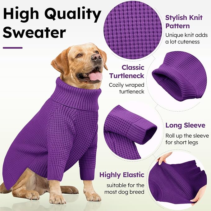 Queenmore Dog Sweaters for Small Dogs Male, Turtleneck Fall Pet Sweaters, Waffle KnitSweater for Doggie, Cat Sweater Puppy Coat, Purple XS