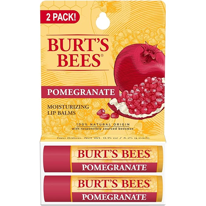 Burt's Bees Lip Balm - Pomegranate, Lip Moisturizer With Responsibly Sourced Beeswax, Natural Origin Conditioning Treatment, 2 Tubes, 0.15 oz.