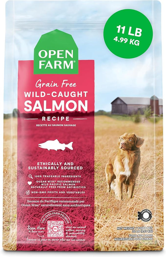 Open Farm, Grain-Free Dry Dog Food, Complete & Balanced Kibble, Sustainably & Ethically Sourced Ingredients, Non-GMO Veggies & Superfoods to Support Overall Health, Wild-Caught Salmon Recipe, 11lb Bag