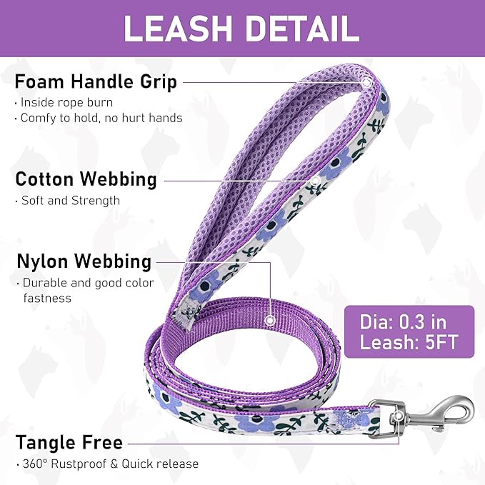 GAMUDA Small Dog Harness Collar and Leash Set, Step in No Chock No Pull Soft Mesh Adjustable Dog Vest Harnesses Plaid Reflective for Dogs Puppy Cats Kitten Rabbit (Purple Flower, S)