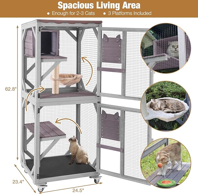 Catio Outdoor Cat Enclosure, 4 Tiers Outdoor Cat House with Wheels, Kitty Cages Indoor Large Window Catio -Waterproof Roof