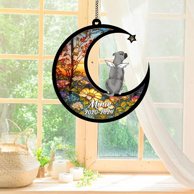 Personalized American Staffordshire Terrier (Grey) Sun Catcher, Dog Memorial, Custom American Staffordshire Terrier (Grey) with Wings Ornament Christmas Tree, Loss of Dog Sympathy Gift Suncatchers